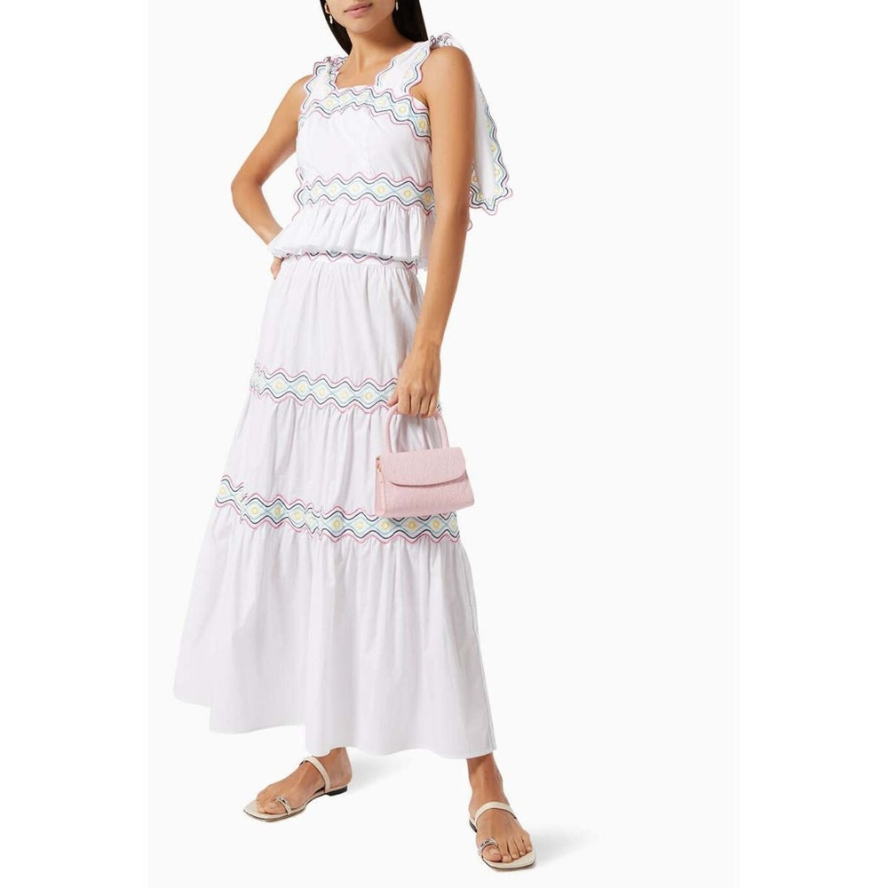 CeliaB White Tiered Maxi Skirt Set with Multicolor Trim